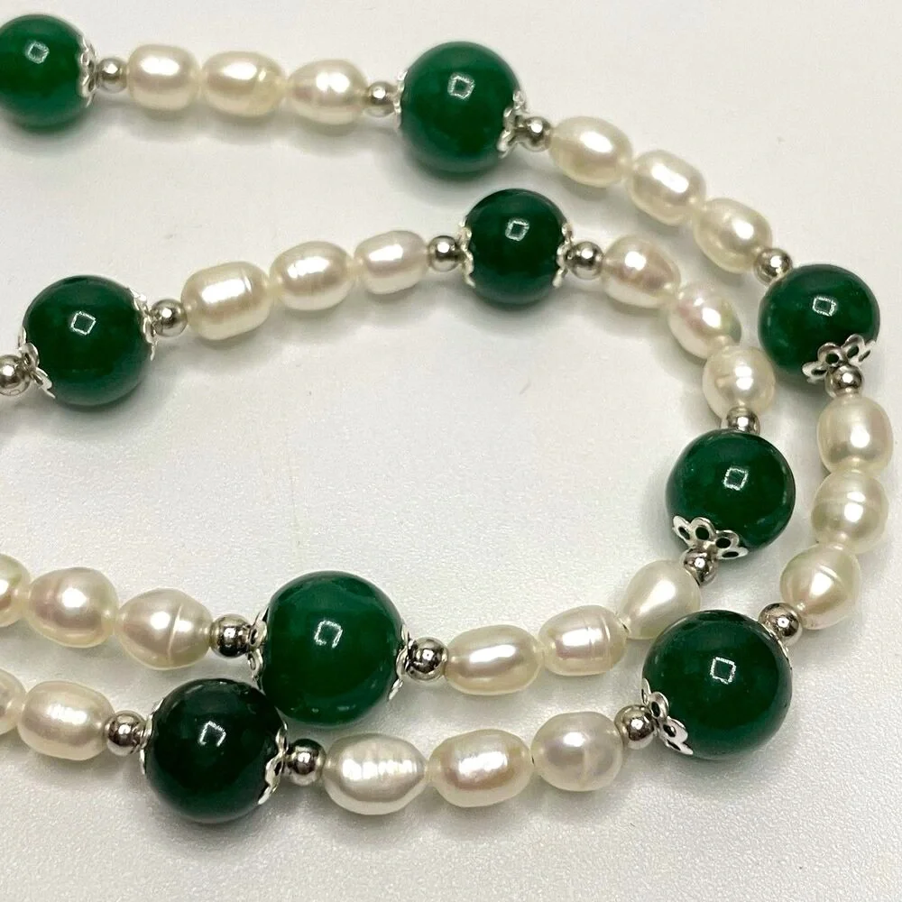 Artisan Handcrafted Emerald Green Gemstone Freshwater Pearl Beaded Necklace